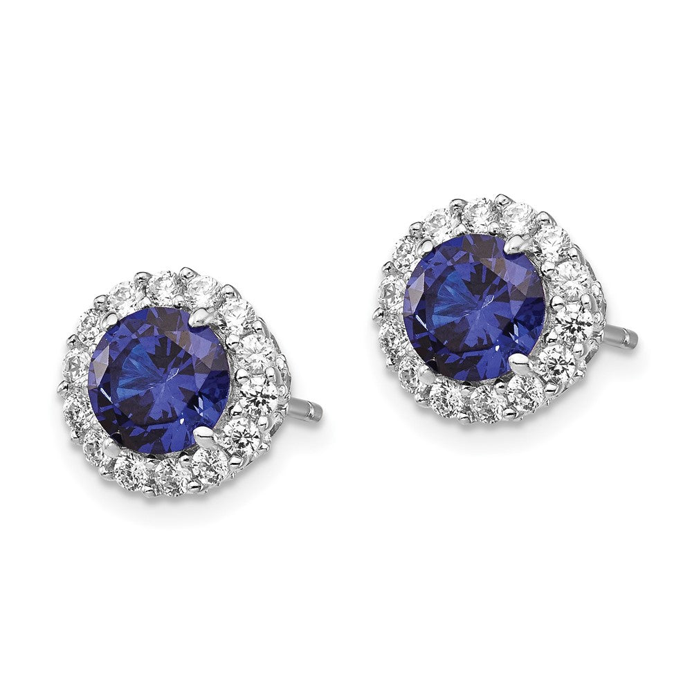 QCM504 Cheryl M Sterling Silver Rhodium-plated Brilliant-cut Lab Created Dark Blue Spinel and Brilliant-cut White CZ Round Halo Post Earrings