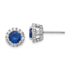 QCM504 Cheryl M Sterling Silver Rhodium-plated Brilliant-cut Lab Created Dark Blue Spinel and Brilliant-cut White CZ Round Halo Post Earrings