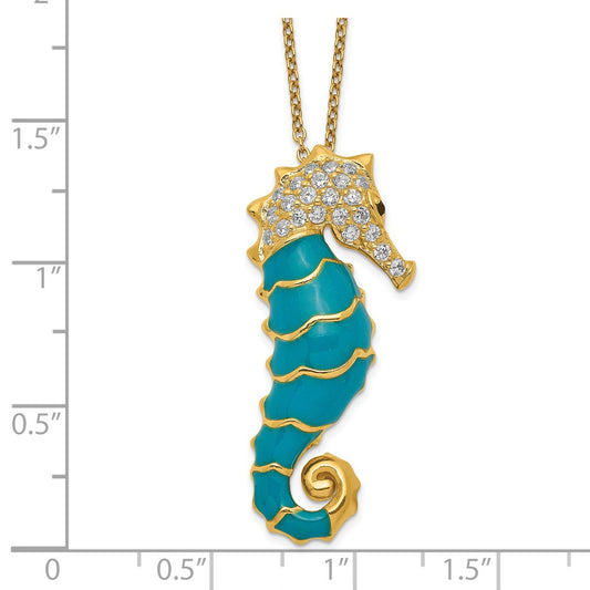 Cheryl M Sterling Silver Gold-plated Enameled Brilliant-cut Black and White CZ Seahorse 18 Inch Necklace QCM578-18