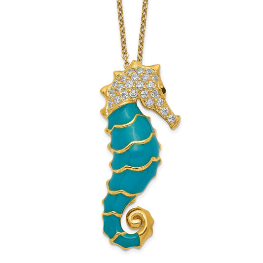 Cheryl M Sterling Silver Gold-plated Enameled Brilliant-cut Black and White CZ Seahorse 18 Inch Necklace QCM578-18