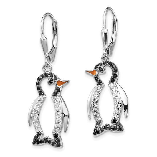 QCM597 Cheryl M Sterling Silver Rhodium-plated with Black Rhodium Accent Enameled Brilliant-cut Black and White CZ Penguin Leverback Dangle Earrings