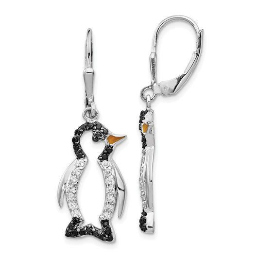 QCM597 Cheryl M Sterling Silver Rhodium-plated with Black Rhodium Accent Enameled Brilliant-cut Black and White CZ Penguin Leverback Dangle Earrings