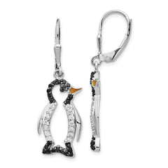 QCM597 Cheryl M Sterling Silver Rhodium-plated with Black Rhodium Accent Enameled Brilliant-cut Black and White CZ Penguin Leverback Dangle Earrings
