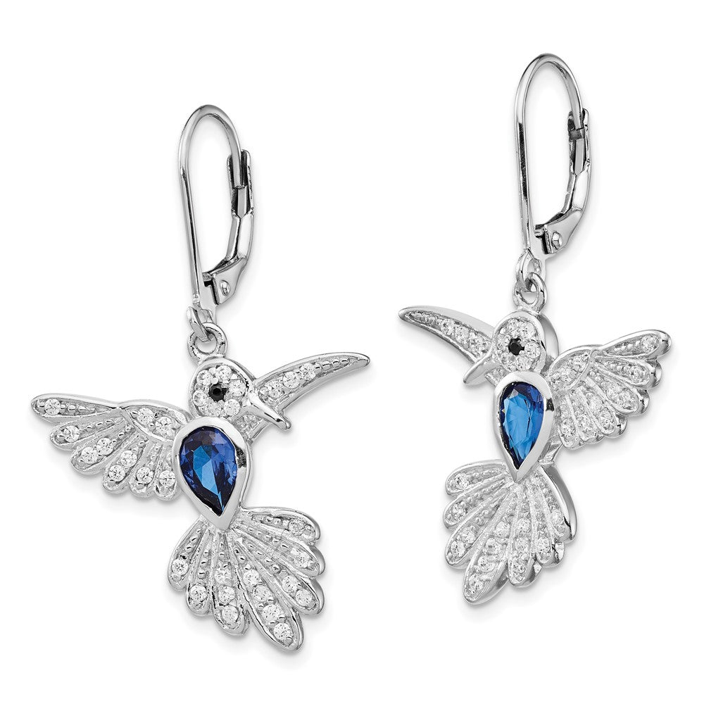 QCM606 Cheryl M Sterling Silver Rhodium-plated Brilliant-cut Lab Created Dark Blue Spinel and Brilliant-cut White CZ Hummingbird Leverback Dangle Earrings