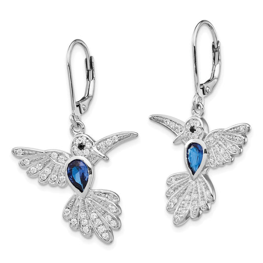 QCM606 Cheryl M Sterling Silver Rhodium-plated Brilliant-cut Lab Created Dark Blue Spinel and Brilliant-cut White CZ Hummingbird Leverback Dangle Earrings