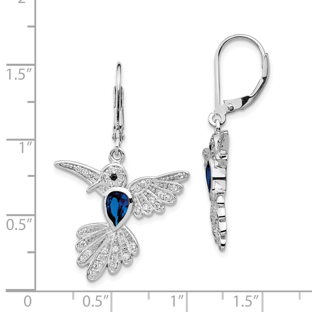 QCM606 Cheryl M Sterling Silver Rhodium-plated Brilliant-cut Lab Created Dark Blue Spinel and Brilliant-cut White CZ Hummingbird Leverback Dangle Earrings