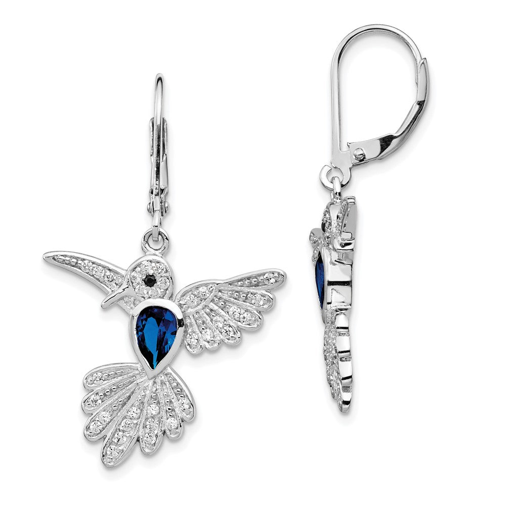 QCM606 Cheryl M Sterling Silver Rhodium-plated Brilliant-cut Lab Created Dark Blue Spinel and Brilliant-cut White CZ Hummingbird Leverback Dangle Earrings