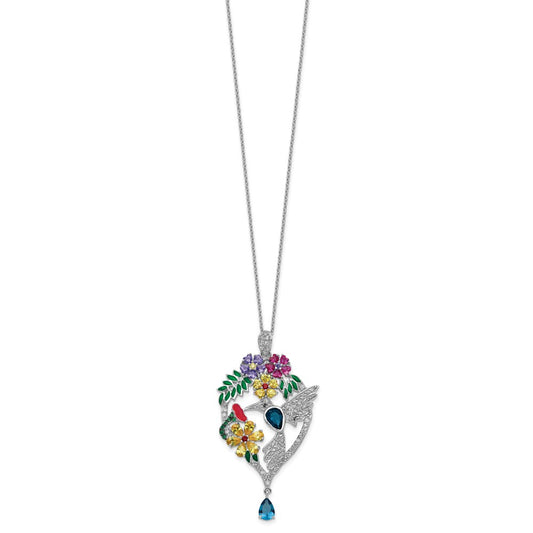 Cheryl M Sterling Silver Rhodium-plated Enameled Multicolor Brilliant-cut Glass and CZ Floral Hummingbird 18 Inch Necklace QCM607-18