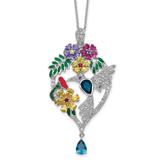 Cheryl M Sterling Silver Rhodium-plated Enameled Multicolor Brilliant-cut Glass and CZ Floral Hummingbird 18 Inch Necklace QCM607-18