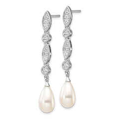 QCM711 Cheryl M Sterling Silver Rhodium-plated Teardrop Freshwater Cultured Pearl and Brilliant-cut CZ Post Dangle Earrings