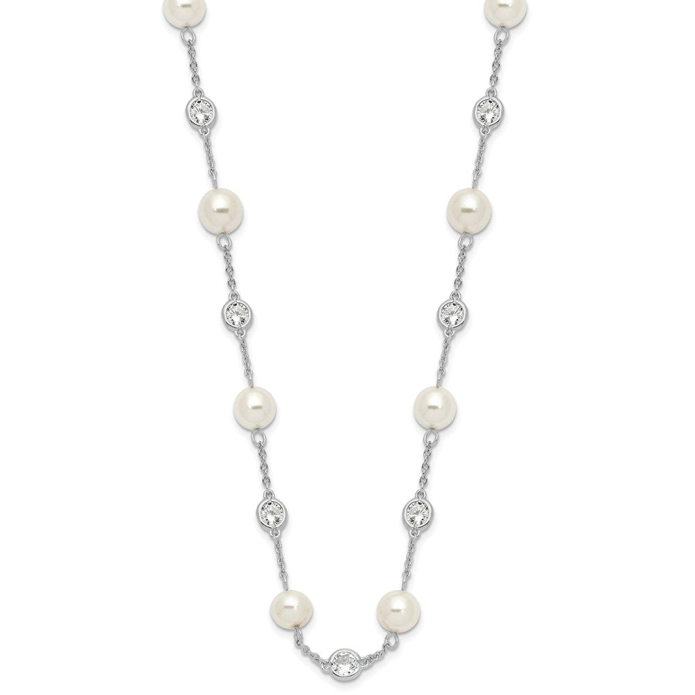 Cheryl M Sterling Silver Rhodium-plated Glass Pearl and Brilliant-cut CZ Bezel Station 36 Inch Necklace QCM729-36