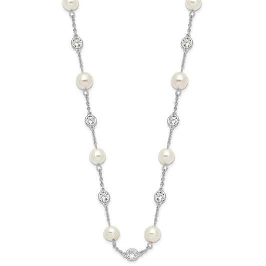 Cheryl M Sterling Silver Rhodium-plated Glass Pearl and Brilliant-cut CZ Bezel Station 36 Inch Necklace QCM729-36