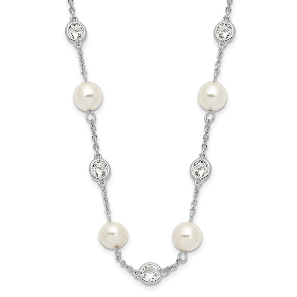 Cheryl M Sterling Silver Rhodium-plated Glass Pearl and Brilliant-cut CZ Bezel Station 36 Inch Necklace QCM729-36