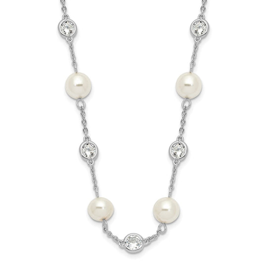 Cheryl M Sterling Silver Rhodium-plated Glass Pearl and Brilliant-cut CZ Bezel Station 36 Inch Necklace QCM729-36