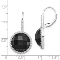 QCM751 Cheryl M Sterling Silver Rhodium-plated Checker-cut Onyx and Brilliant-cut White CZ Round Halo Dangle Leverback Earrings
