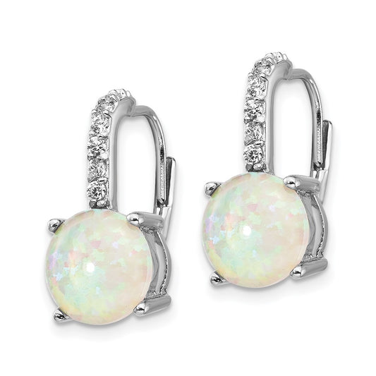 QCM776 Cheryl M Sterling Silver Rhodium-plated Cabochon Lab Created Opal and Brilliant-cut CZ Leverback Earrings