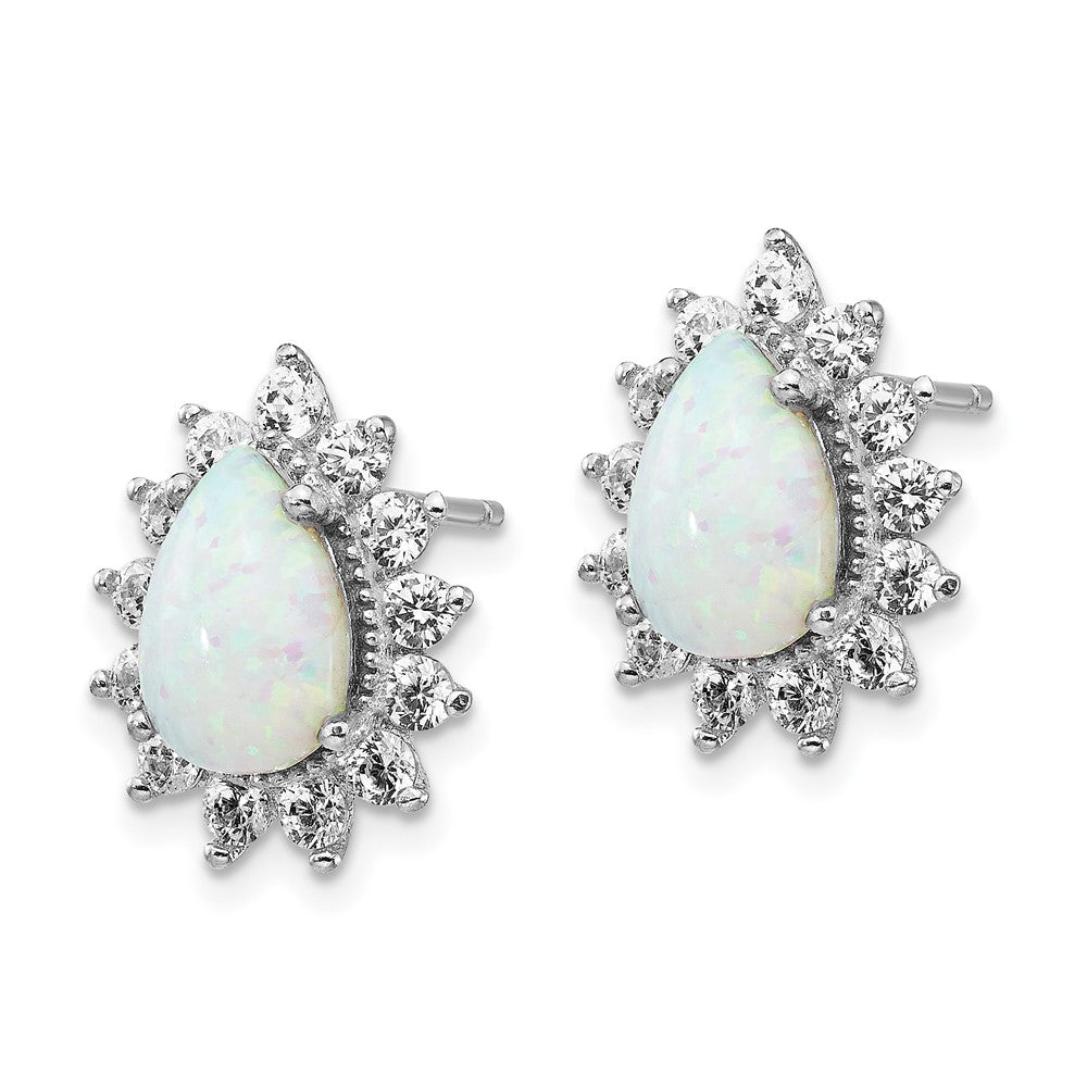 QCM778 Cheryl M Sterling Silver Rhodium-plated Cabochon Lab Created Opal and Brilliant-cut CZ Teardrop Halo Post Earrings