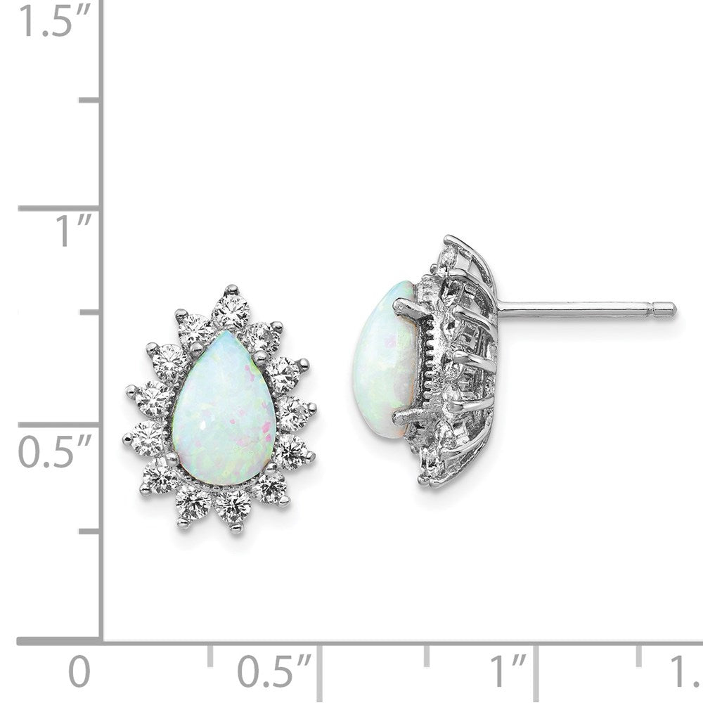 QCM778 Cheryl M Sterling Silver Rhodium-plated Cabochon Lab Created Opal and Brilliant-cut CZ Teardrop Halo Post Earrings