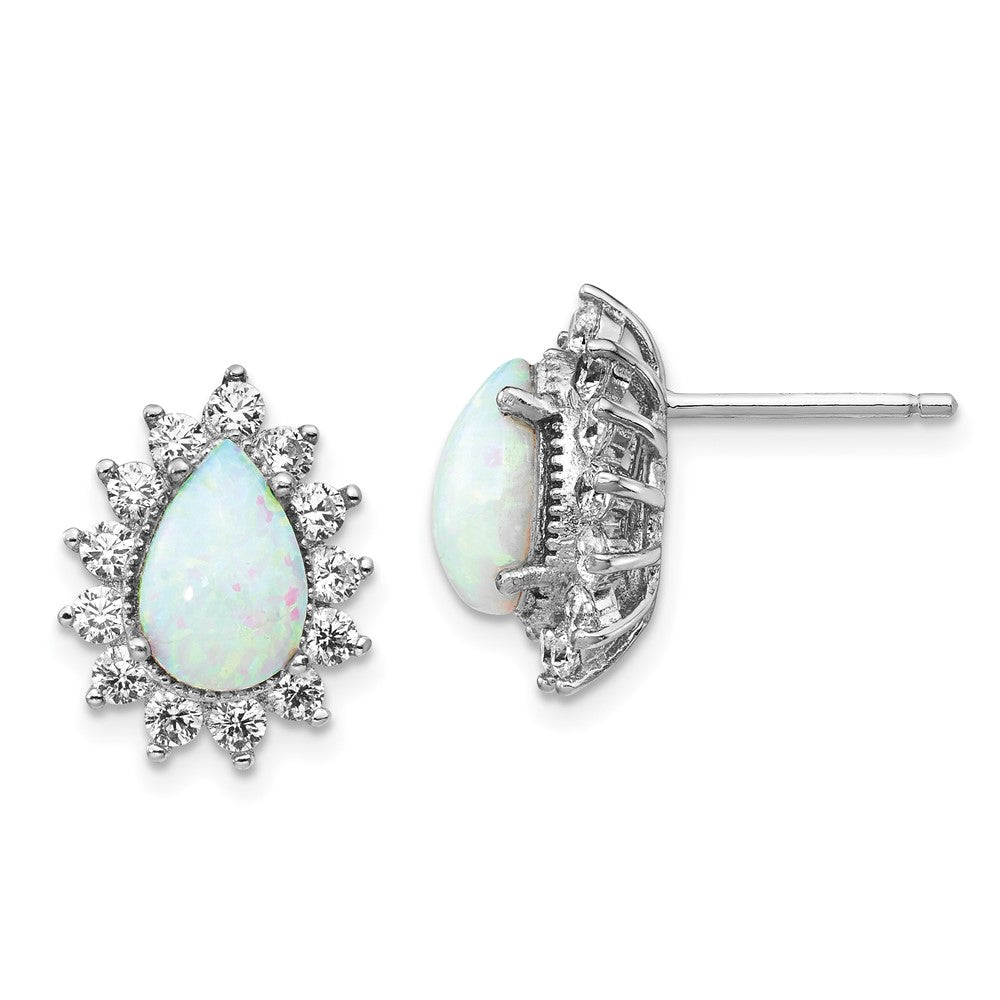 QCM778 Cheryl M Sterling Silver Rhodium-plated Cabochon Lab Created Opal and Brilliant-cut CZ Teardrop Halo Post Earrings
