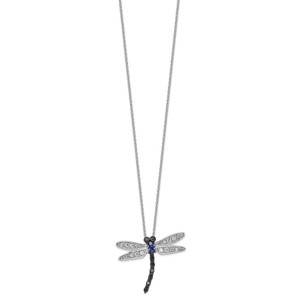 Cheryl M Sterling Silver Rhodium-plated with Black Rhodium Accent Brilliant-cut Black White and Blue CZ Dragonfly 18 Inch Necklace QCM799-18