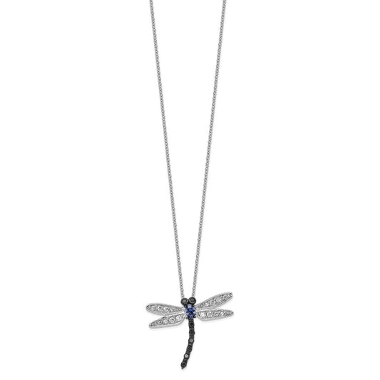 Cheryl M Sterling Silver Rhodium-plated with Black Rhodium Accent Brilliant-cut Black White and Blue CZ Dragonfly 18 Inch Necklace QCM799-18