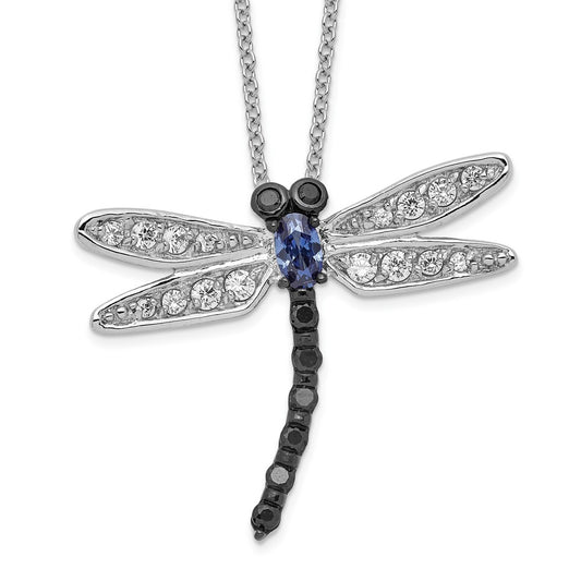 Cheryl M Sterling Silver Rhodium-plated with Black Rhodium Accent Brilliant-cut Black White and Blue CZ Dragonfly 18 Inch Necklace QCM799-18