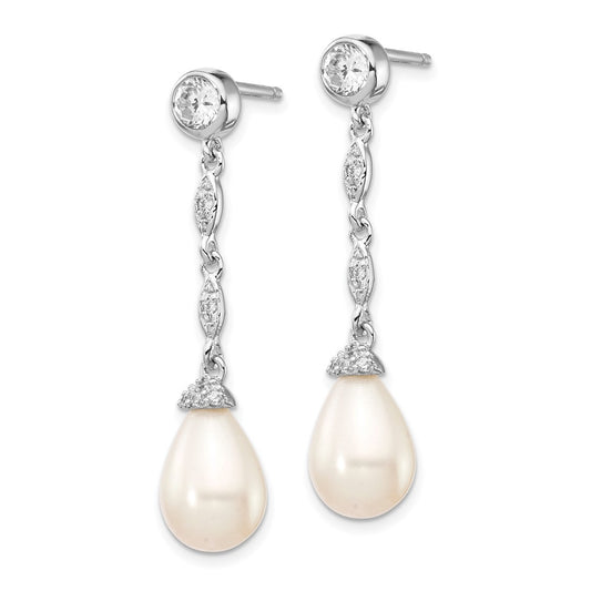 QCM825 Cheryl M Sterling Silver Rhodium-plated Teardrop Freshwater Cultured Pearl and Brilliant-cut CZ Post Dangle Earrings