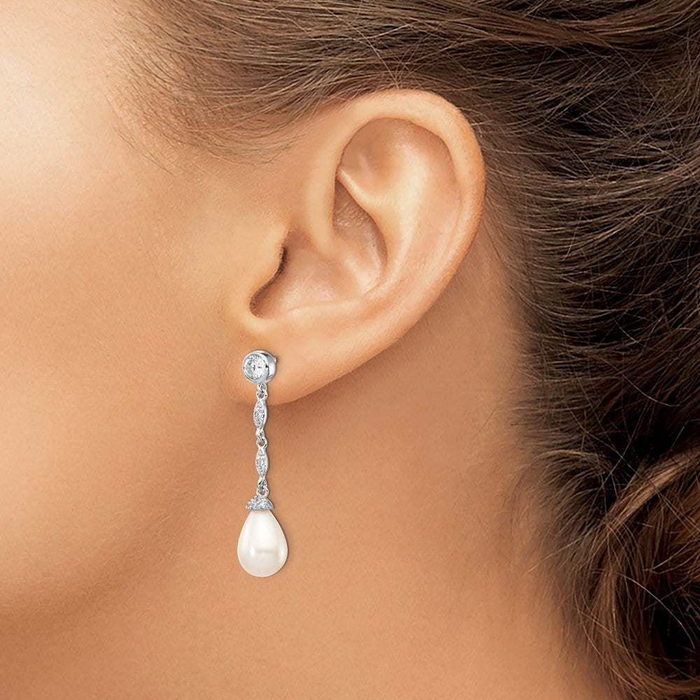 QCM825 Cheryl M Sterling Silver Rhodium-plated Teardrop Freshwater Cultured Pearl and Brilliant-cut CZ Post Dangle Earrings