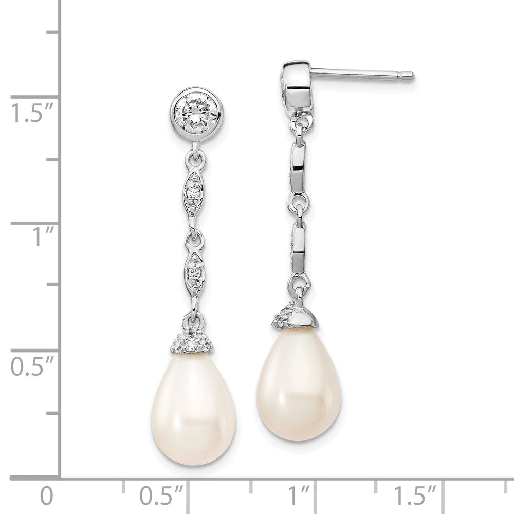 QCM825 Cheryl M Sterling Silver Rhodium-plated Teardrop Freshwater Cultured Pearl and Brilliant-cut CZ Post Dangle Earrings
