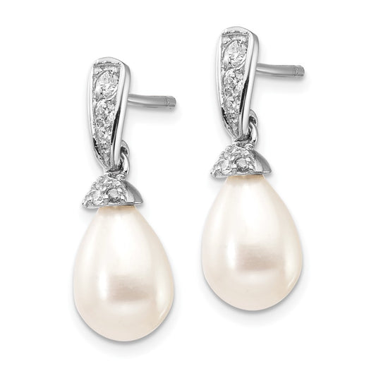 QCM836 Cheryl M Sterling Silver Rhodium-plated Teardrop White Freshwater Cultured Pearl and Brilliant-cut CZ Post Dangle Earrings