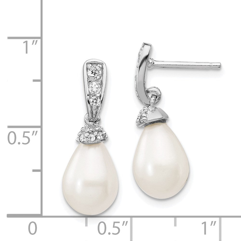 QCM836 Cheryl M Sterling Silver Rhodium-plated Teardrop White Freshwater Cultured Pearl and Brilliant-cut CZ Post Dangle Earrings