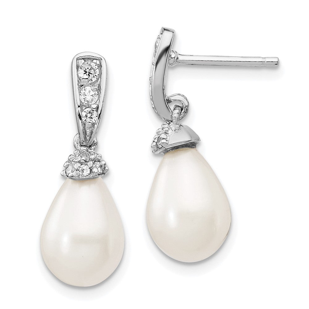 QCM836 Cheryl M Sterling Silver Rhodium-plated Teardrop White Freshwater Cultured Pearl and Brilliant-cut CZ Post Dangle Earrings