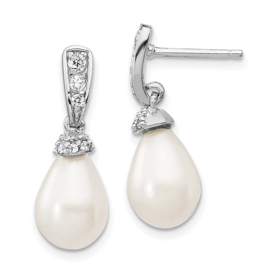 QCM836 Cheryl M Sterling Silver Rhodium-plated Teardrop White Freshwater Cultured Pearl and Brilliant-cut CZ Post Dangle Earrings