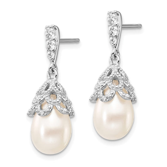 QCM839 Cheryl M Sterling Silver Rhodium-plated Teardrop White Freshwater Cultured Pearl and Brilliant-cut CZ Post Dangle Earrings