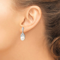 QCM839 Cheryl M Sterling Silver Rhodium-plated Teardrop White Freshwater Cultured Pearl and Brilliant-cut CZ Post Dangle Earrings