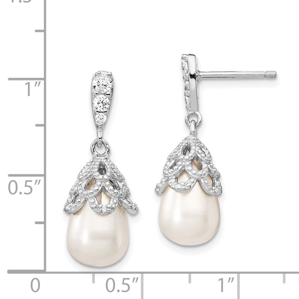 QCM839 Cheryl M Sterling Silver Rhodium-plated Teardrop White Freshwater Cultured Pearl and Brilliant-cut CZ Post Dangle Earrings