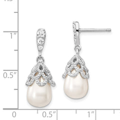QCM839 Cheryl M Sterling Silver Rhodium-plated Teardrop White Freshwater Cultured Pearl and Brilliant-cut CZ Post Dangle Earrings