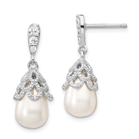 QCM839 Cheryl M Sterling Silver Rhodium-plated Teardrop White Freshwater Cultured Pearl and Brilliant-cut CZ Post Dangle Earrings