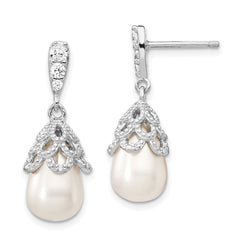 QCM839 Cheryl M Sterling Silver Rhodium-plated Teardrop White Freshwater Cultured Pearl and Brilliant-cut CZ Post Dangle Earrings