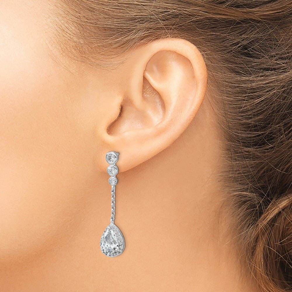 QCM842 Cheryl M Sterling Silver Rhodium-plated Brilliant-cut CZ Bezel & Teardrop Halo Post Dangle Earrings