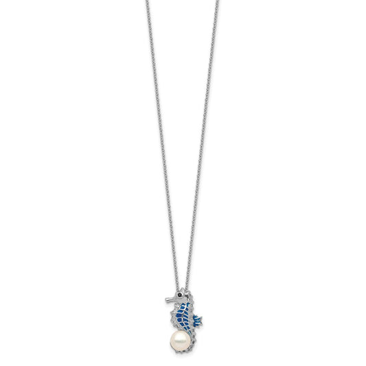 Cheryl M Sterling Silver Rhodium-plated Enameled Freshwater Cultured Pearl and Brilliant-cut CZ Seahorse 18 Inch Necklace QCM857-18