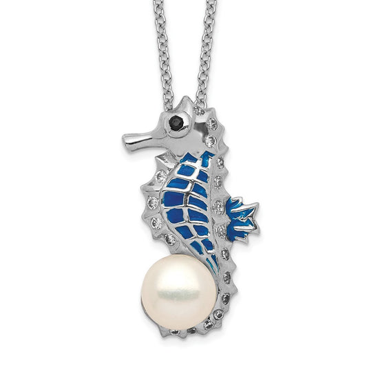 Cheryl M Sterling Silver Rhodium-plated Enameled Freshwater Cultured Pearl and Brilliant-cut CZ Seahorse 18 Inch Necklace QCM857-18