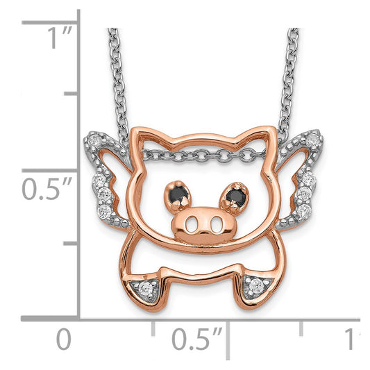 Cheryl M Sterling Silver Rose Gold-plated Brilliant-cut Black Glass and Brilliant-cut White CZ Flying Pig 18 Inch Necklace QCM859-18