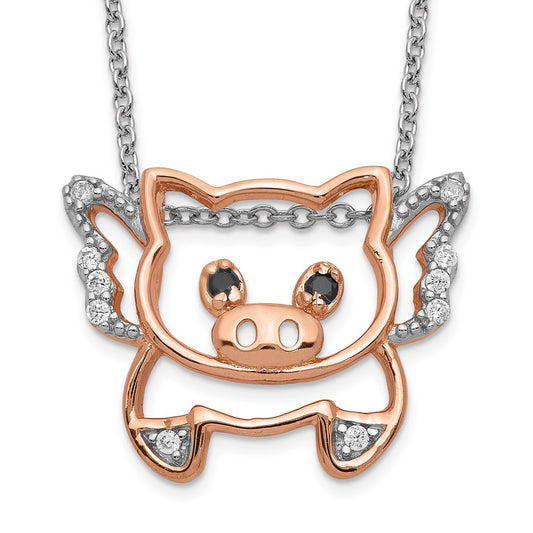 Cheryl M Sterling Silver Rose Gold-plated Brilliant-cut Black Glass and Brilliant-cut White CZ Flying Pig 18 Inch Necklace QCM859-18