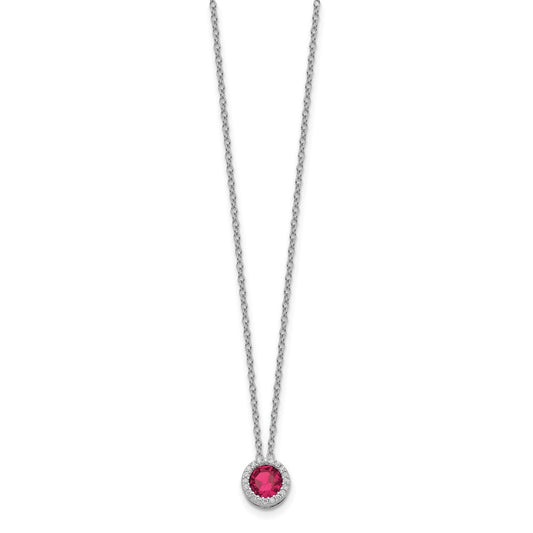 Cheryl M Sterling Silver Rhodium-plated Brilliant-cut Lab Created Ruby and Brilliant-cut White CZ Round Halo 18 Inch Necklace QCM933-18