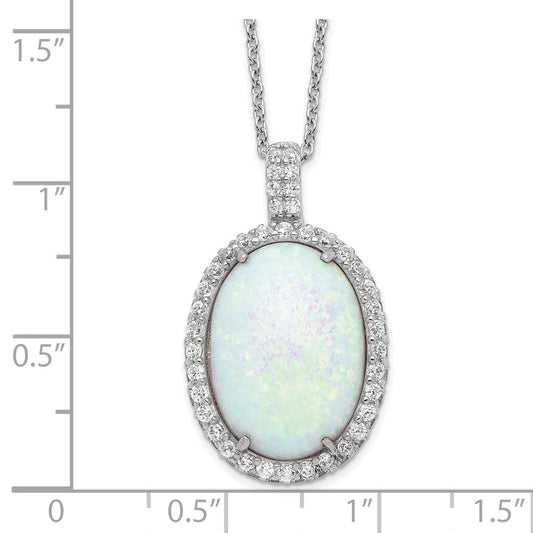 Cheryl M Sterling Silver Rhodium-plated Cabochon Lab Created Opal and Brilliant-cut CZ Oval Halo 18 Inch Necklace QCM935-18