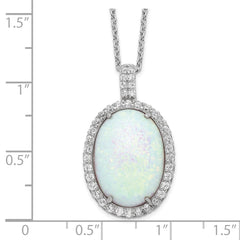 Cheryl M Sterling Silver Rhodium-plated Cabochon Lab Created Opal and Brilliant-cut CZ Oval Halo 18 Inch Necklace QCM935-18