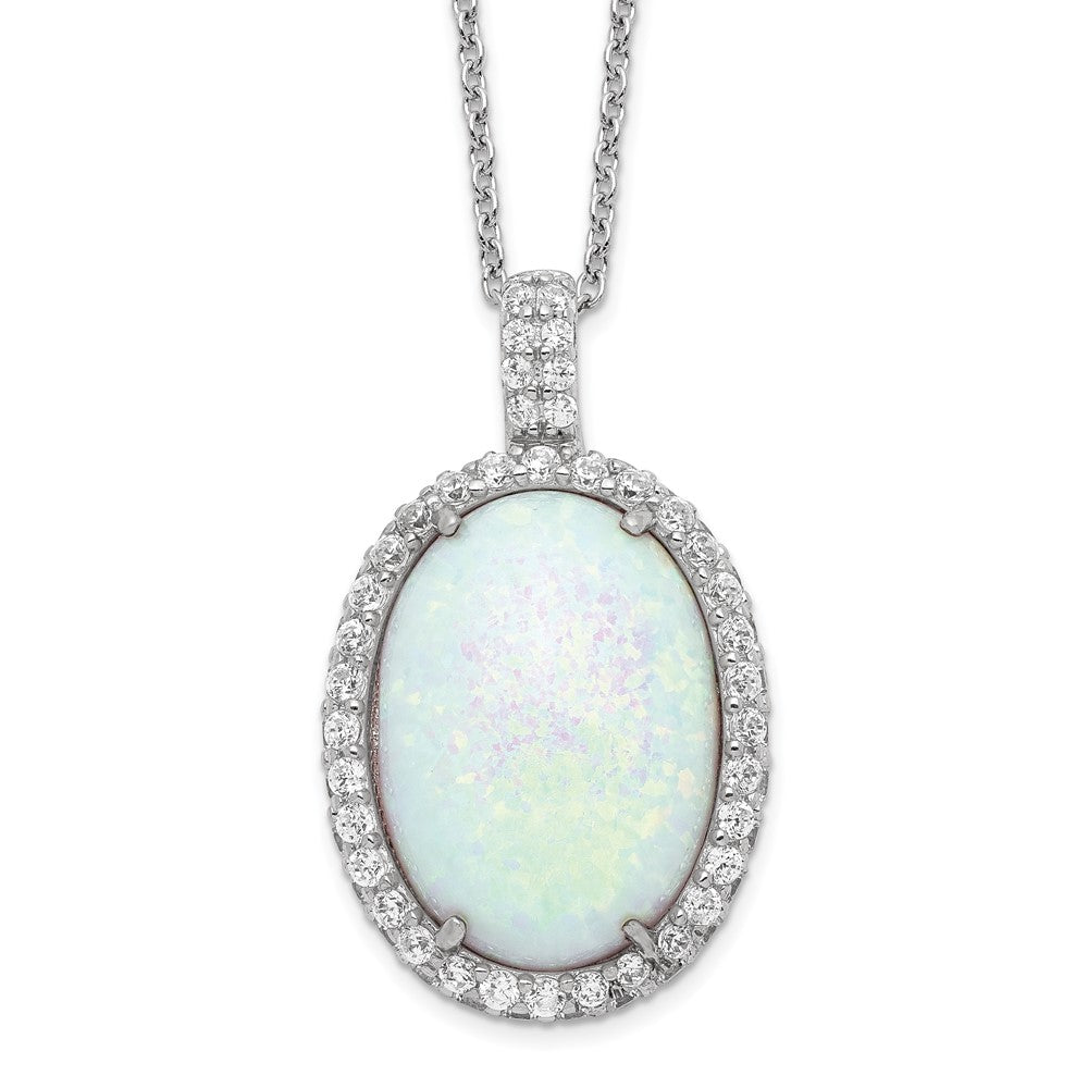 Cheryl M Sterling Silver Rhodium-plated Cabochon Lab Created Opal and Brilliant-cut CZ Oval Halo 18 Inch Necklace QCM935-18