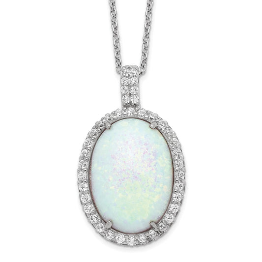 Cheryl M Sterling Silver Rhodium-plated Cabochon Lab Created Opal and Brilliant-cut CZ Oval Halo 18 Inch Necklace QCM935-18