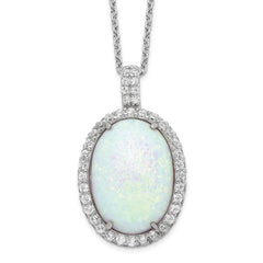 Cheryl M Sterling Silver Rhodium-plated Cabochon Lab Created Opal and Brilliant-cut CZ Oval Halo 18 Inch Necklace QCM935-18